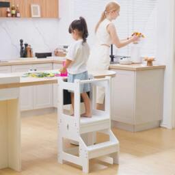 Rackhams 2 in 1 Kids Kitchen Step Stool with Safety Rail Toddler Steps with Chalkboard for Kitchen Bathroom, White - thumbnail 2