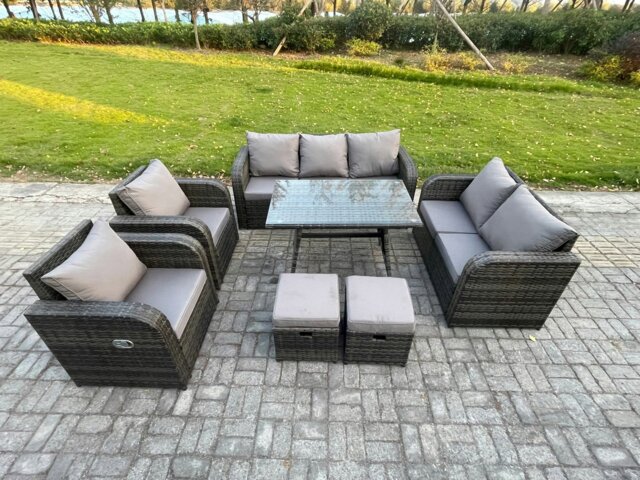 Rackhams Outdoor Rattan Garden Furniture Set 9 Seater Patio Lounge Sofa Set with Dining Table 2 Small Footstools Dark Grey Mixed - image 1