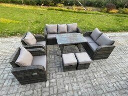 Rackhams Outdoor Rattan Garden Furniture Set 9 Seater Patio Lounge Sofa Set with Dining Table 2 Small Footstools Dark Grey Mixed - thumbnail 2