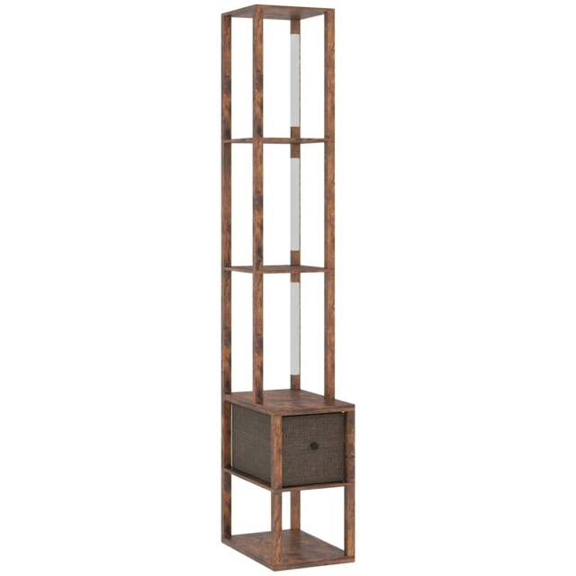 Rackhams Floor Lamp with Shelves, LED Column Modern Standing Lamp with Fabric Drawer, Adjustable Brightness, Foot Switch, Rustic Brown
