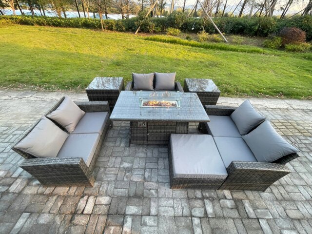 Rackhams High Back Rattan Garden Furniture Sofa Sets with Outdoor Furniture Gas Fire Pit Dining Table Set 2 Side Tables Big Footstool Dark Grey Mixed - image 1