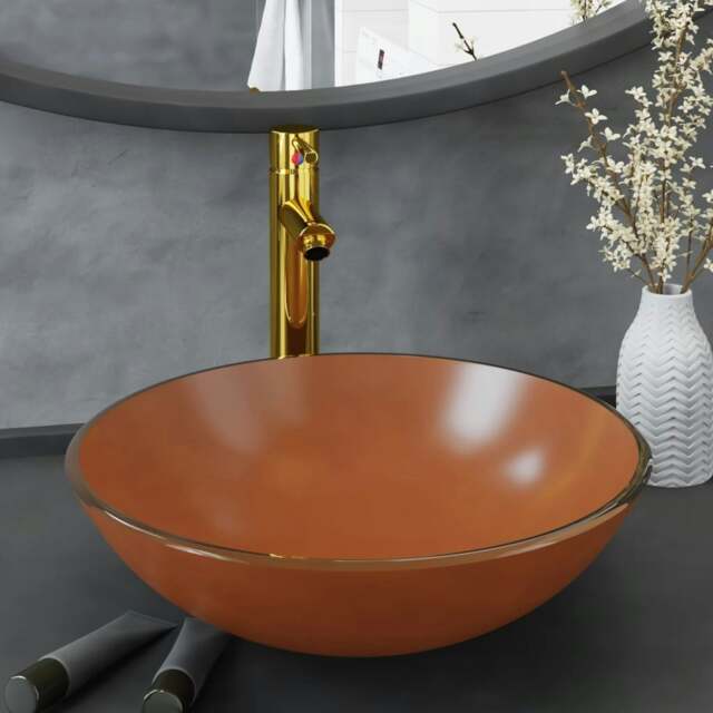 Rackhams Bathroom Sink with Tap and Push Drain Brown Tempered Glass