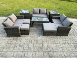 Rackhams Outdoor U Shape Sofa Set Wicker PE Rattan Garden Furniture Set with Coffee Table Double Seat Sofa 3 Footstools 2 Side Tables Dark Grey Mixed - thumbnail 2