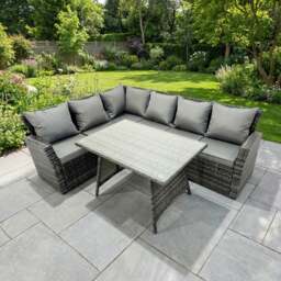 Rackhams 6 Seater Rattan High Back Garden Furniture Set with Left Corner Sofa & Dining Table - Dark Grey