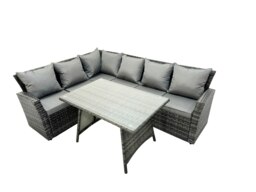 Rackhams 6 Seater Rattan High Back Garden Furniture Set with Left Corner Sofa & Dining Table - Dark Grey - thumbnail 2