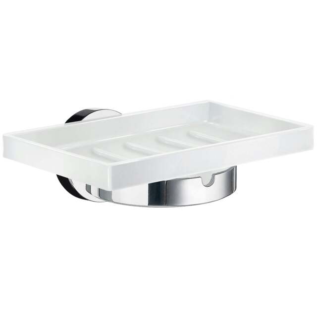 Rackhams Porcelain Rectangular Soap Dish Tray and Polished Chrome Wall Mounted Holder with Concealed Screws for Bath Shower Bathroom
