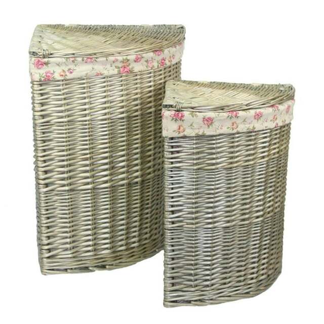 Rackhams Antique Wash Corner Linen Basket Set 2 with Garden Rose Lining - image 1