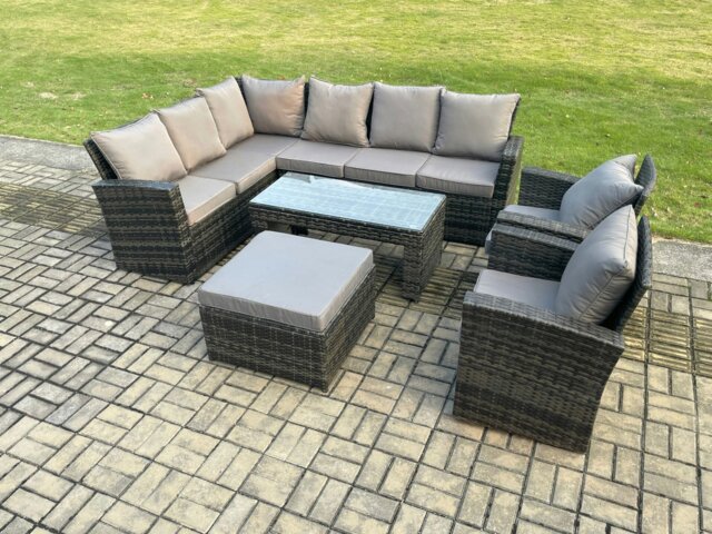 Rackhams Outdoor Furniture Garden Dining Set Rattan Corner Sofa Set with 2 Armchairs Big Footstool Dark Grey Mixed - image 1