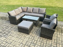 Rackhams Outdoor Furniture Garden Dining Set Rattan Corner Sofa Set with 2 Armchairs Big Footstool Dark Grey Mixed - thumbnail 1