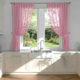 Rackhams Voile Tab Top Curtain Pair with Crystal Tie Backs Sheer Window Panels - Pink - 150cm width x 122cm drop - thumbnail 1