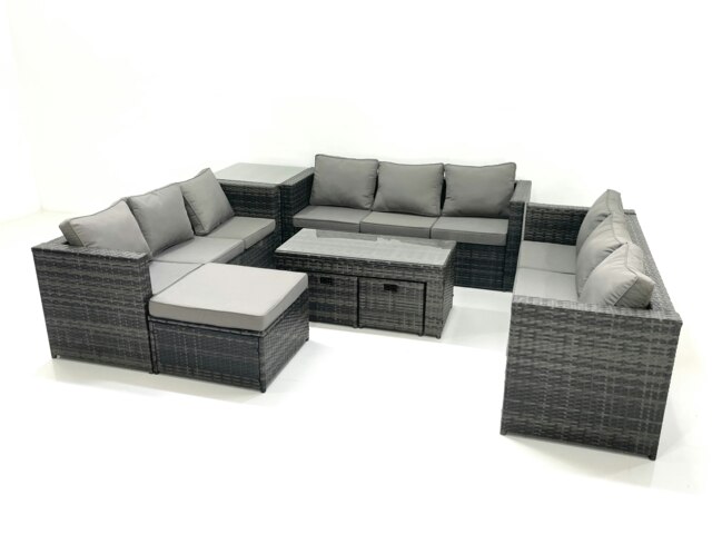 Rackhams Outdoor Garden Furniture Set 8 Pieces Rattan Sofa Set with Coffee Table 3 Footstools Side Table Dark Grey Mixed - image 1