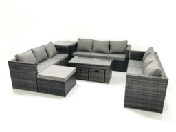 Rackhams Outdoor Garden Furniture Set 8 Pieces Rattan Sofa Set with Coffee Table 3 Footstools Side Table Dark Grey Mixed - thumbnail 1