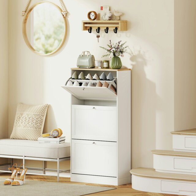Rackhams Narrow Shoe Cabinet with 3 Flip Drawers for 18 Pairs of Shoes White - image 1