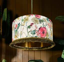 "Rackhams Hazy Meadow Fringed Linen lampshade in Salt with Gold Lining - Ceiling Pendant / Arc Lamp - 40cm diameter x 20cm Height (16"" x 8"")" - thumbnail 1