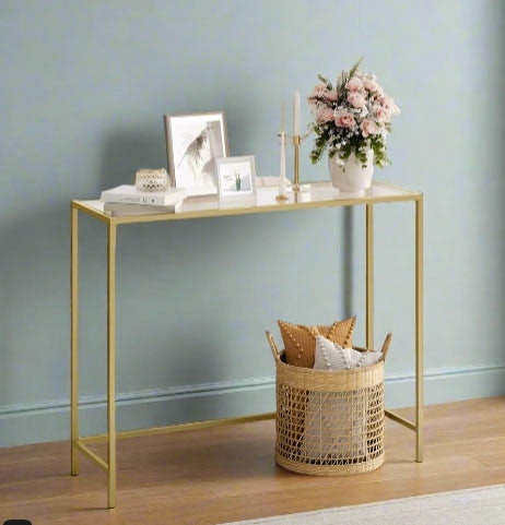 Rackhams Modern Golden Metal Console Table with Tempered Glass Top – 100 x 35 x 80 cm - image 1