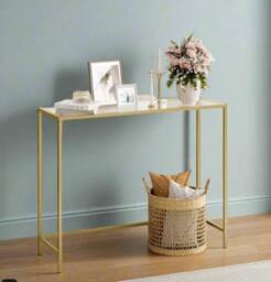 Rackhams Modern Golden Metal Console Table with Tempered Glass Top – 100 x 35 x 80 cm