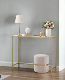 Rackhams Modern Golden Metal Console Table with Tempered Glass Top – 100 x 35 x 80 cm - thumbnail 2