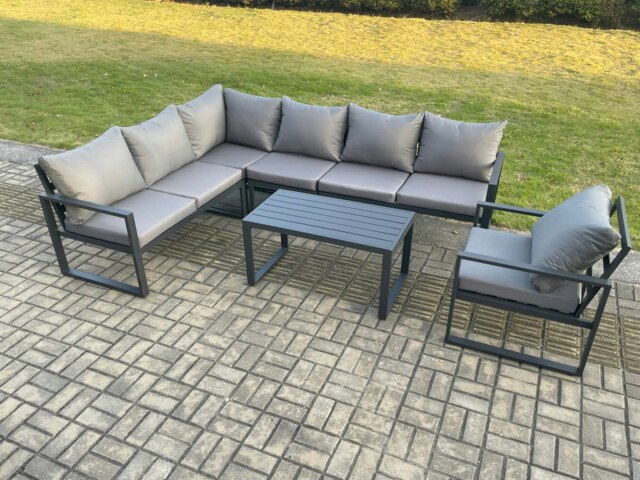 Rackhams Aluminium Garden Furniture Set Outdoor Indoor Lounge Corner Sofa Chair Oblong Coffee Table Sets Dark Grey 7 Seater