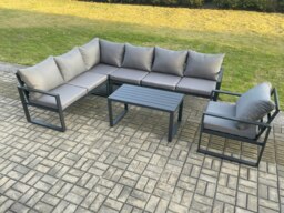 Rackhams Aluminium Garden Furniture Set Outdoor Indoor Lounge Corner Sofa Chair Oblong Coffee Table Sets Dark Grey 7 Seater - thumbnail 1