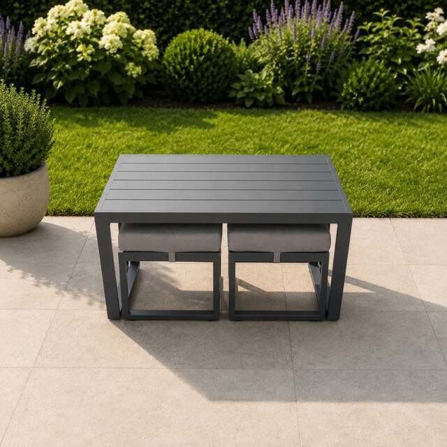 Rackhams Aluminium Outdoor Garden Rectangular Coffee table with 2 Footstools for Balcony, Terrace, Pool - Dark Grey - image 1