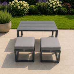 Rackhams Aluminium Outdoor Garden Rectangular Coffee table with 2 Footstools for Balcony, Terrace, Pool - Dark Grey - thumbnail 2