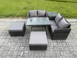 Rackhams Garden Furniture Sets 6 Seater Rattan Furniture Manual Wicker Patio Sofa Patio Conversation Set with 2 Big Footstool Side Table Dark Grey Mixed - thumbnail 1