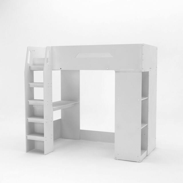 Rackhams Single High Sleeper Bed Frame with Desk, Storage & Hanging Area, White - Single - image 1