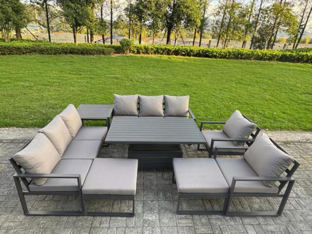 Rackhams 10 Seater Aluminium Garden Furniture Set with Adjustable Rising Dining Table, 2 Sofas, 2 Chairs, 2 Footstools, Side Table - Grey - image 1