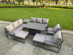 Rackhams 10 Seater Aluminium Garden Furniture Set with Adjustable Rising Dining Table, 2 Sofas, 2 Chairs, 2 Footstools, Side Table - Grey - thumbnail 2