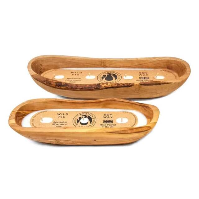 Rackhams Reusable Handmade Olive Wood Boat Soy Wax Candles - 25cm/35cm - image 1