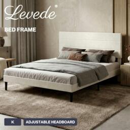 Rackhams King Bed Frame Upholstered Headboard Platform Velvet Foam White Fabric - thumbnail 2