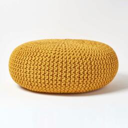 Rackhams Large Round Cotton Knitted Pouffe Footstool - Mustard - thumbnail 1