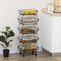 Rackhams 5 Tier Storage Trolley Cart Vegetable Rack with Wheels for Kitchen - 5 - Storage Basket - Steel - thumbnail 1