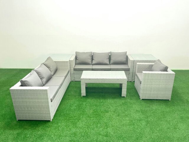 Rackhams Wicker PE Rattan Sofa Garden Furniture Set with Oblong Coffee Table Armchair 2 Side Tables Light Grey Mixed - image 1