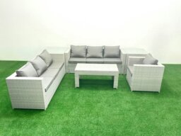 Rackhams Wicker PE Rattan Sofa Garden Furniture Set with Oblong Coffee Table Armchair 2 Side Tables Light Grey Mixed - thumbnail 2