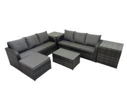 Rackhams Outdoor 3 Seater Sofa Coffee Table Set Garden Rattan Furniture Set 7 Seater with Big Stool 2 Side Tables Dark Grey - thumbnail 1