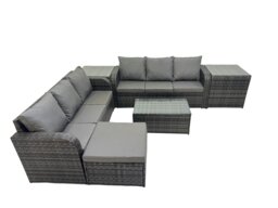 Rackhams Outdoor 3 Seater Sofa Coffee Table Set Garden Rattan Furniture Set 7 Seater with Big Stool 2 Side Tables Dark Grey - thumbnail 2