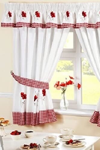 "Rackhams Poppies Floral Embroidered Taped Curtains With Tie Backs - White - 46 x 42"""