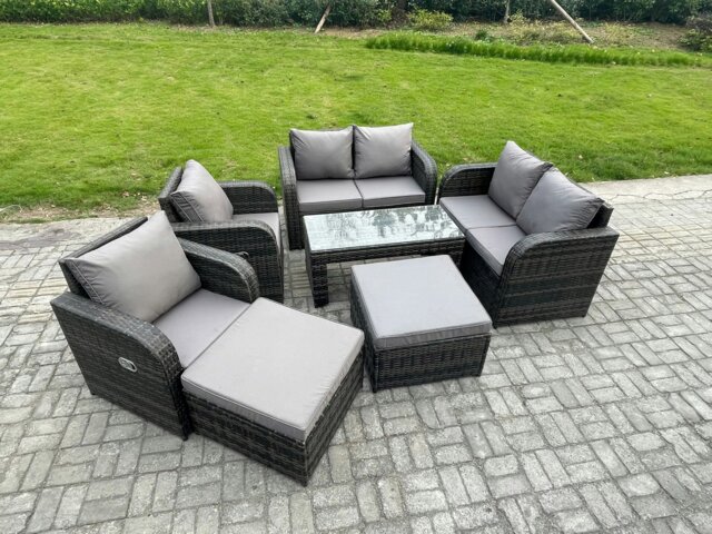 Rackhams 8 Seater Rattan Wicker Garden Furniture Patio Conservatory Sofa Set with Rectangular Coffee Table Reclining Chair Love Sofa 2 Big Footstool - image 1