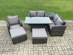 Rackhams 7 Seater Rattan Furniture Garden Dining Set Outdoor Height Adjustable Rising lifting Table Love Sofa Chair With Side Table 2 Big Footstool - thumbnail 2