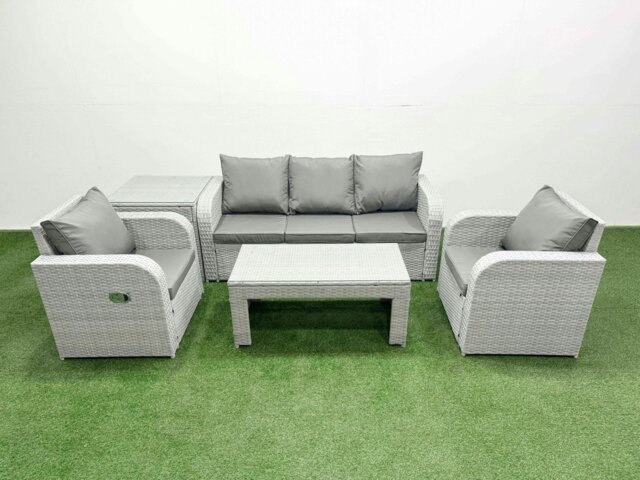 Rackhams PE Rattan Garden Furniture Set Reclining Chair Sofa Lounge Sofa Set Rectangular Coffee Table Side Table Light Grey - image 1