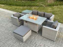 Rackhams Rattan Garden Furniture Set Gas Fire Pit Lounge Sofa Chair Dining Set With Side Table And 2 PC Arm Chair Footstool - thumbnail 1