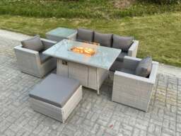 Rackhams Rattan Garden Furniture Set Gas Fire Pit Lounge Sofa Chair Dining Set With Side Table And 2 PC Arm Chair Footstool - thumbnail 2