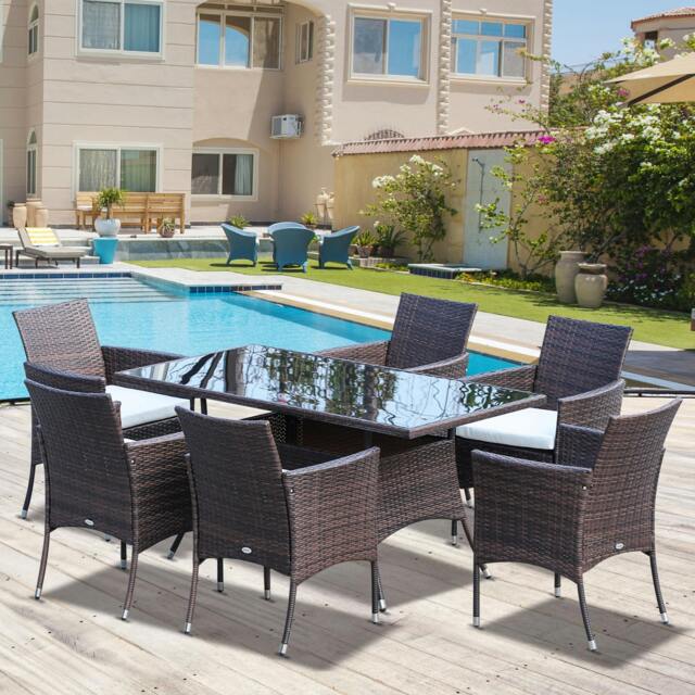Rackhams Rattan Dining Set for 6 with Cushions, Glass Top Table, Brown - Brown - image 1
