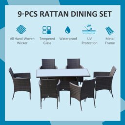 Rackhams Rattan Dining Set for 6 with Cushions, Glass Top Table, Brown - Brown - thumbnail 5