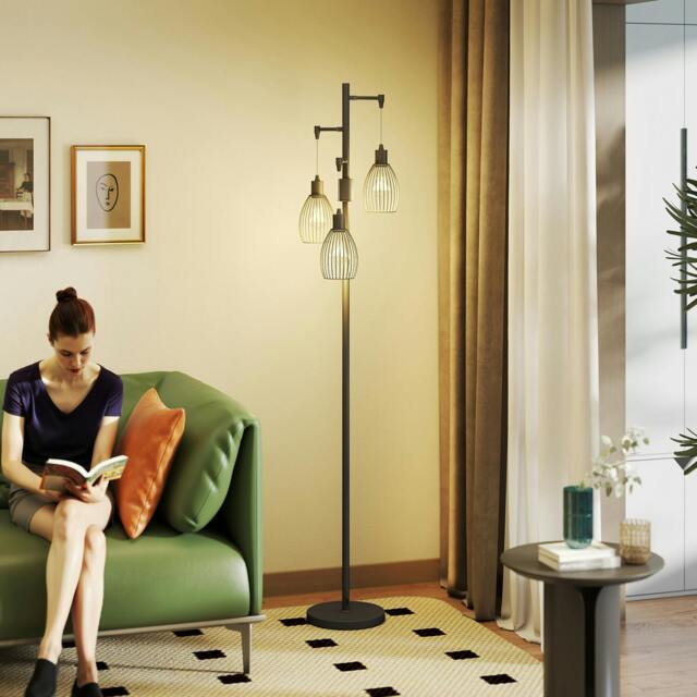 Rackhams Industrial 3-Light Floor Lamp Dimmable LED Standing Lamp, Black - Black - image 1
