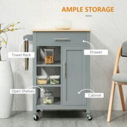 Rackhams Compact Kitchen Trolley Utility Cart on Wheels with Open Shelf & Storage Drawer for Dining Room, Kitchen, Grey - thumbnail 4