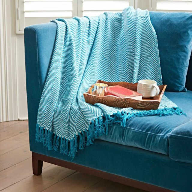 Rackhams Chevron Recycled Cotton Throw - Turquoise - image 1