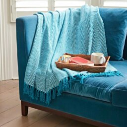 Rackhams Chevron Recycled Cotton Throw - Turquoise - thumbnail 1
