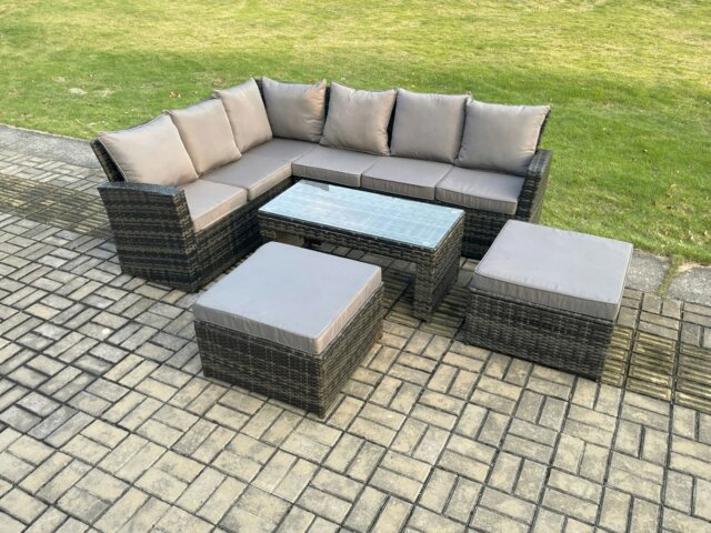 Rackhams Outdoor Furniture Garden Dining Set Rattan Corner Sofa Set with 2 Big Footstool Dark Grey Mixed - image 1